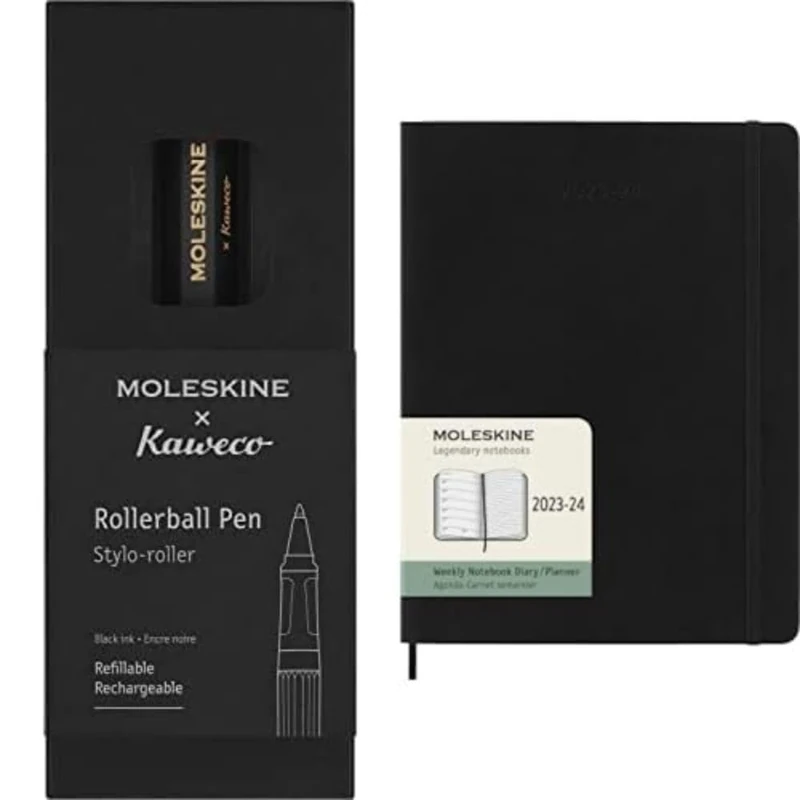 Moleskine x Kaweco Rollerball Refillable Pen in ABS plastic for Writers, Note-takers, Refill 0.7 mm Weekly Planner 2023-2024, 18-Month Agenda, Academic Diary, Weekly Diary