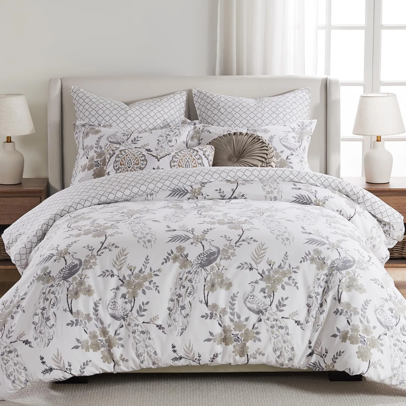 Levtex Home - Pisa Duvet Cover Set - King Duvet Cover + Two King Pillow Cases - Floral Contemporary Peacock - Grey and Taupe - Duvet Cover (106 x 94in.) and Pillow Case (36 x 20in.) - Cotton
