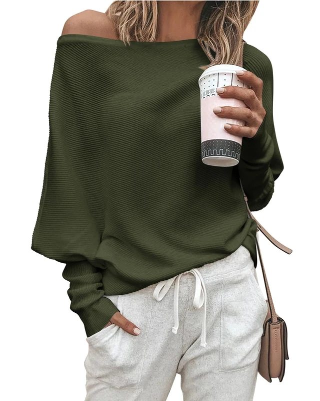 Zenlonr Women's Fall Sweaters 2025 Casual Long Batwing Sleeve Loose Off Shoulder Knit Pullovers Jumper Tops, Army Green, S