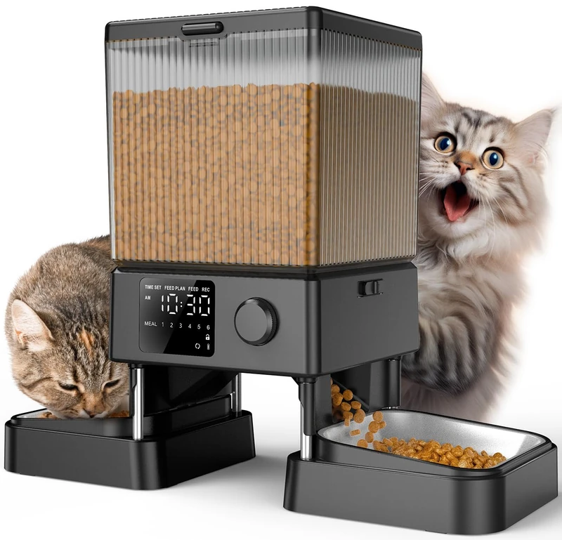 Oneisall Automatic Cat Food Dispenser 5L 2 Bowls with One Button Easy to Use Cat/Dog Food Dispenser with Stainless Steel Bowl