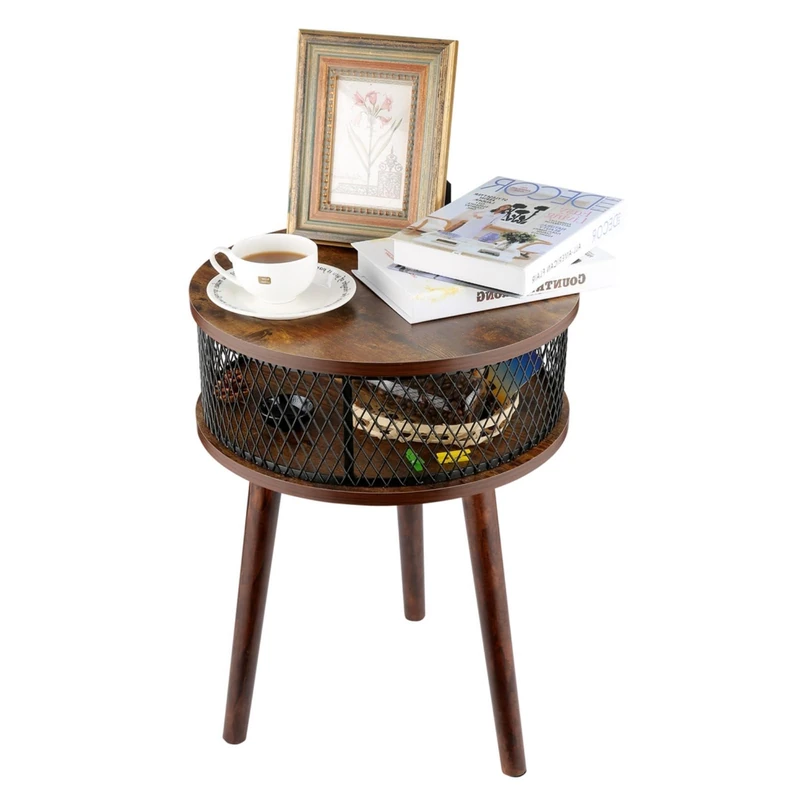 Himimi Round coffee table, living room table with shelf, wooden modern coffee table with metal frame and wooden top, easy to assemble, rustic brown colour.