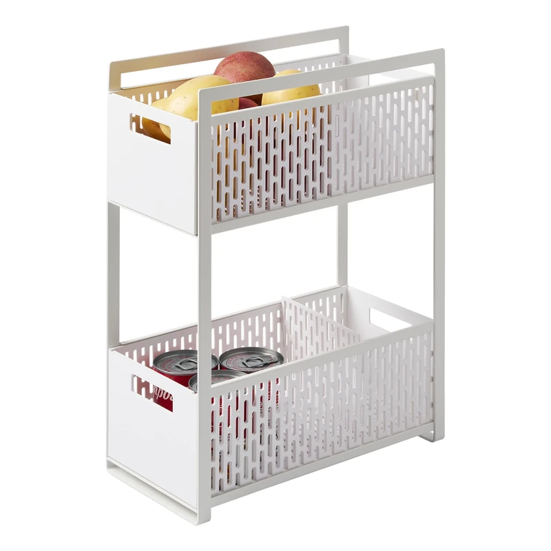 Yamazaki 5218 TOWER 2-Tiered Storage Basket Set, White, ABS Resin/Steel/Silicone, Minimalist Design, 16 x 32.5 x 46 cm (LxWxH)