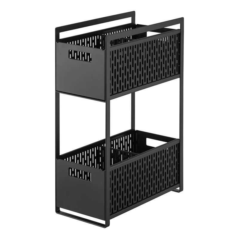 Yamazaki 5219 TOWER 2-Tiered Storage Basket Set, Black, ABS Resin/Steel/Silicone, Minimalist Design, 16 x 32.5 x 46 cm (LxWxH)