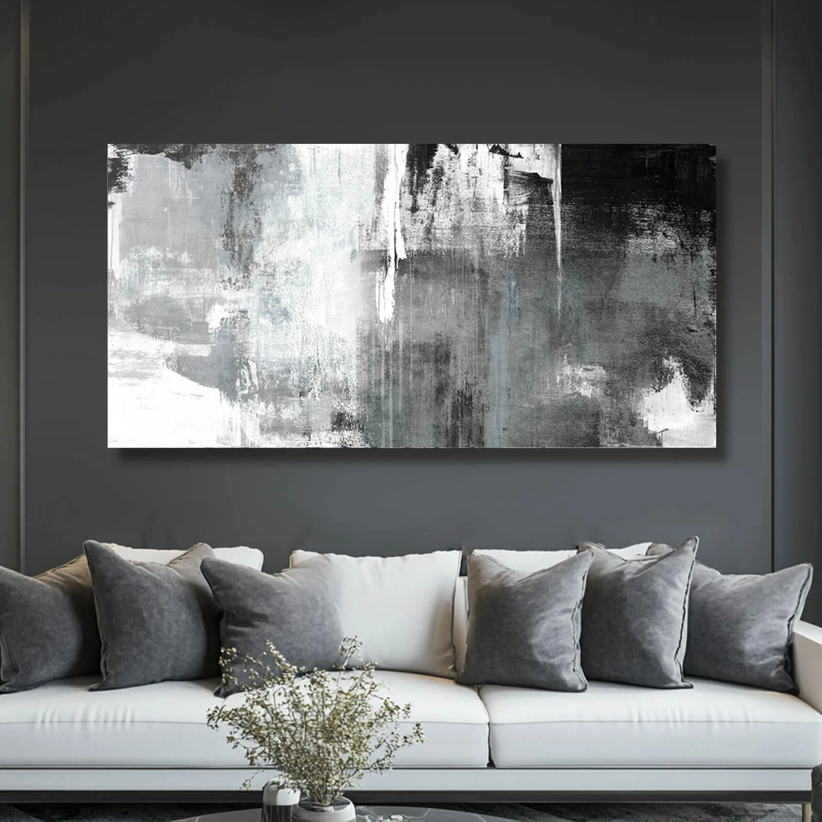 Kureful Black And White Wall Paintings Abstract Wall Decorations Canvas Prints Poster Wall Art 24”x48” Home Decor Grey Artwork Painting Pictures for Living Room Dinning Room