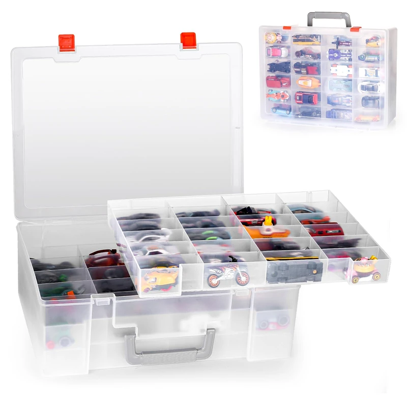 RHCOM Toy Organizer.72 Compartments.Toy Storage Box Compatible With Hot wheels Cars, Matchbox Cars,Mini Toys and Small Dolls.Toy Storage Display Case With 3 Layers of Removable Trays (Transparent) - Image 1