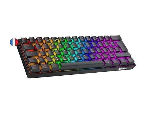 Geeky GK61 60% | Hot Swappable Mechanical Gaming Keyboard | 62 Keys Multi Color RGB LED Backlit for PC/Mac Gamer | ISO FR AZERTY French Layout (Black, Mechanical Blue)