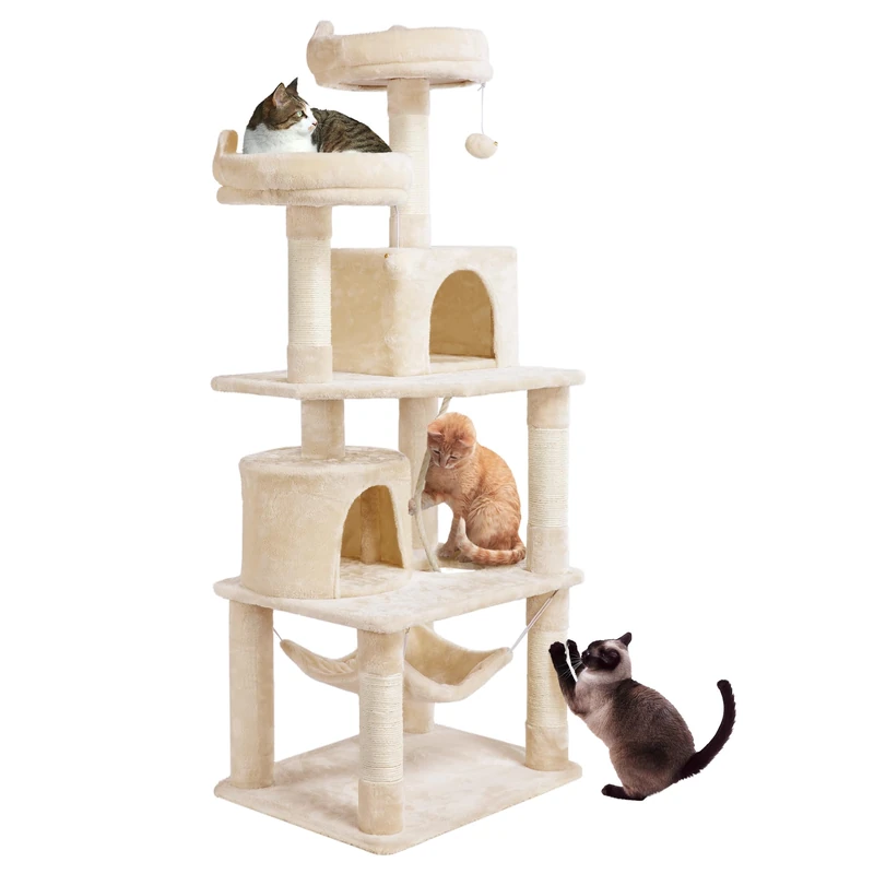 Yaheetech 158cm Multi-Level Cat Tree Tower Large Kitten Scratching Posts with Condos/Perches/Hammock Broad-Space Kitten Activity Centre, Beige