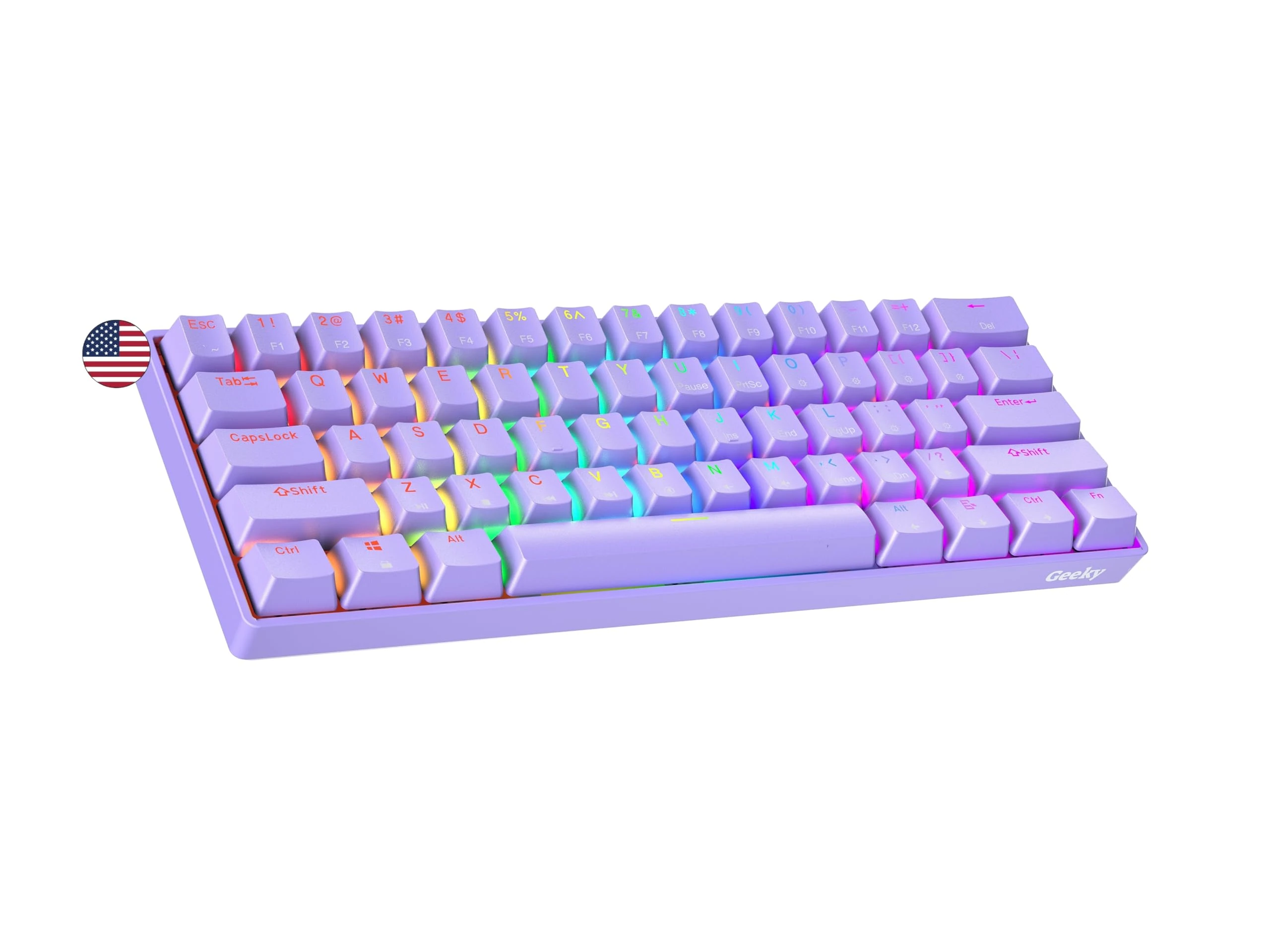 Geeky GK61 60% | Hot Swappable Mechanical Gaming Keyboard | 61 Keys Multi Color RGB LED Backlit for PC/Mac Gamer | ANSI US American Layout (Lavender, Mechanical Red)
