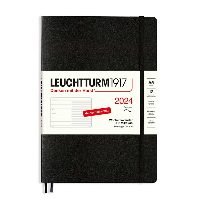 LEUCHTTURM1917 367787 Weekly Calendar & Notebook Medium (A5) 2024, Soft Cover, Black, German, 12 Months