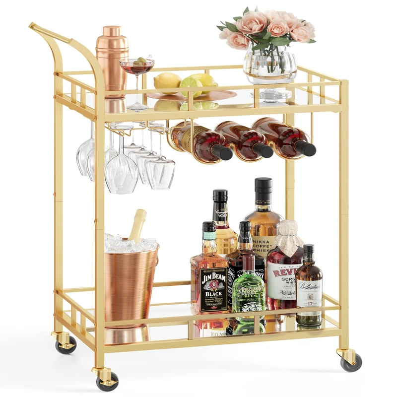 VASAGLE Drinks Trolley, Bar Cart, Serving Trolley with 2 Mirrored Shelves, Wine Holders, Glass Holders, for Home Bar, Kitchen, Dining Room, Gold LRC092A62