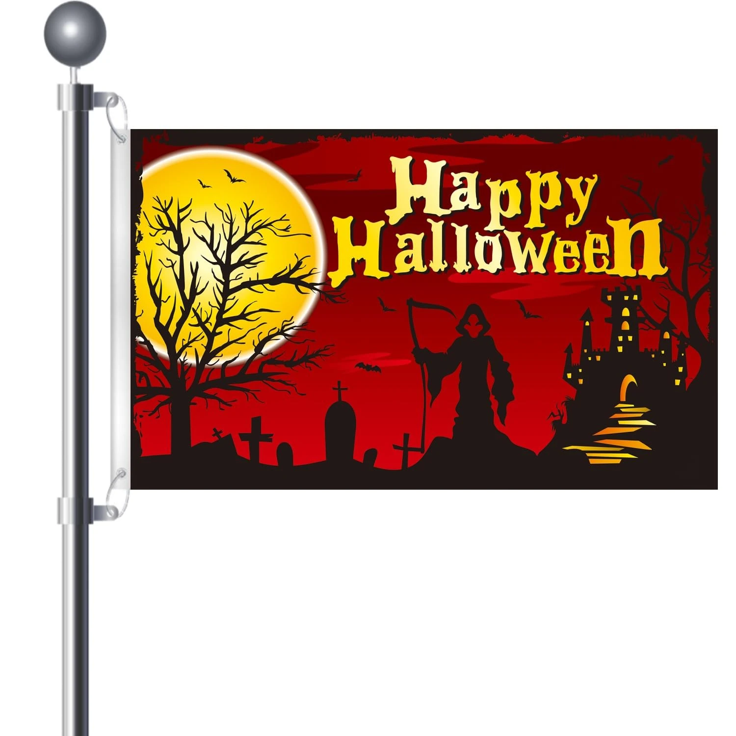 Halloween Flag 5 x 3 Ft Happy Halloween Decorations Large Flag Banner With Tombstone Bat Ghost Garden Flags for Indoor Outdoor Home Party Yard Festival Supplies Double Stitched with Brass Grommets