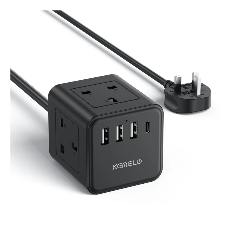 3M Extension Kemelo 4 Way (13A/3250W) Plug Socket with 3 USB & 1 USB C, Child Safety Power Strip for Home Desk Office