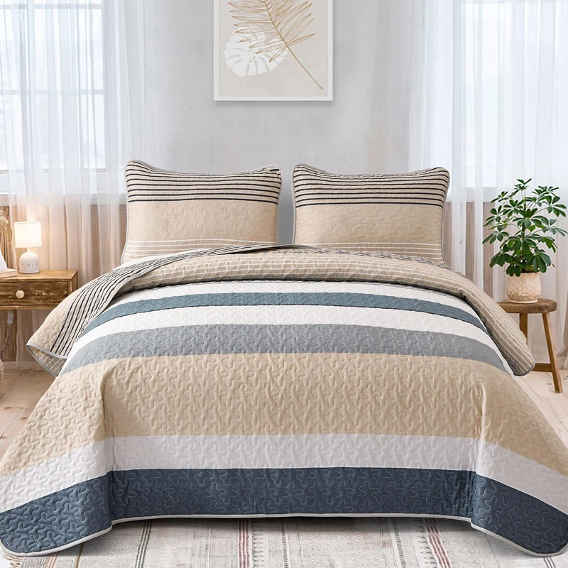 Dinjoy Boho Quilt King, Striped Khaki Bedspreads Lightweight Quilts Bedding Set 3 Pieces Reversible Bed Cover Micofiber Farmhouse Coverlet with 2 Pillowcases for Fall Winter