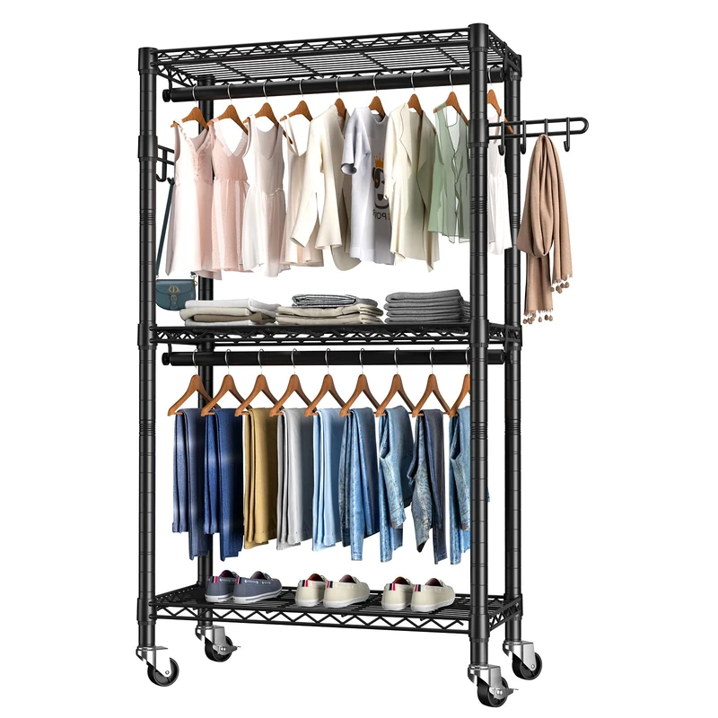 Golpart Portable Clothes Rack Free-Standing Rolling Clothing Racks for Hanging Clothes,3-Tier Adjustable Shelve Garment Rack with Hanging Rods & Wheels,Metal Closet Wardrode Rack for Bedroom,Black