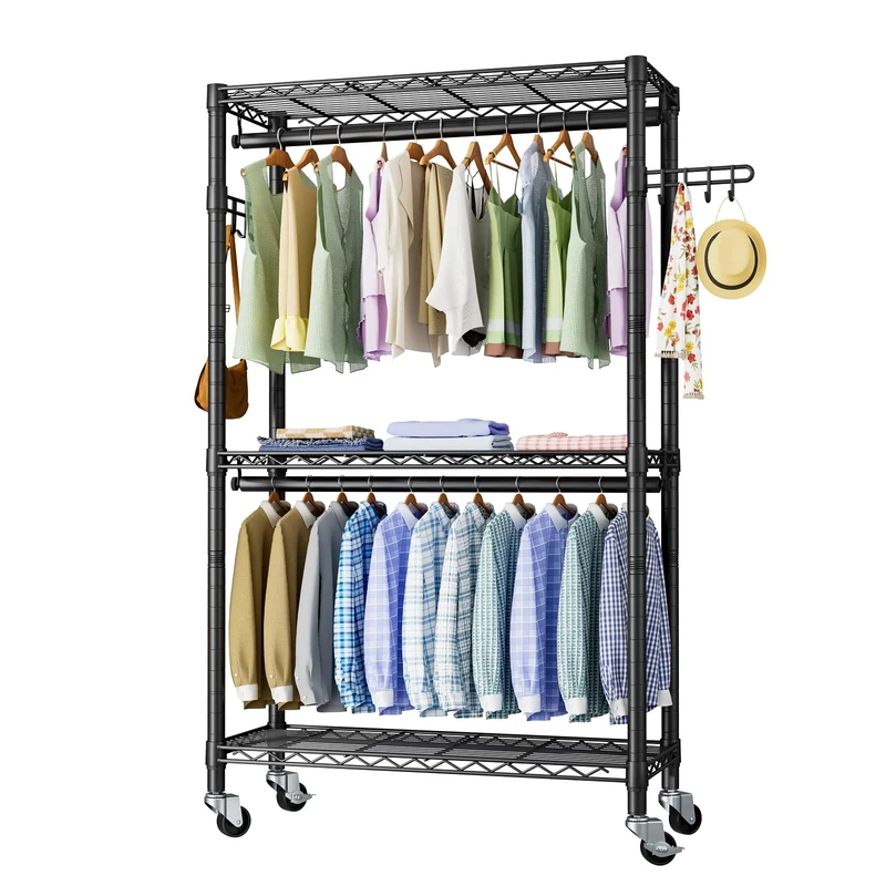Golpart Portable Closet Rolling Clothes Racks for Hanging Clothes, Heavy-Duty Clothing Rack Garment Rack with Wheels & Adjustable Shelves, Free-standing Metal Wardrode Closet Rack for Bedroom