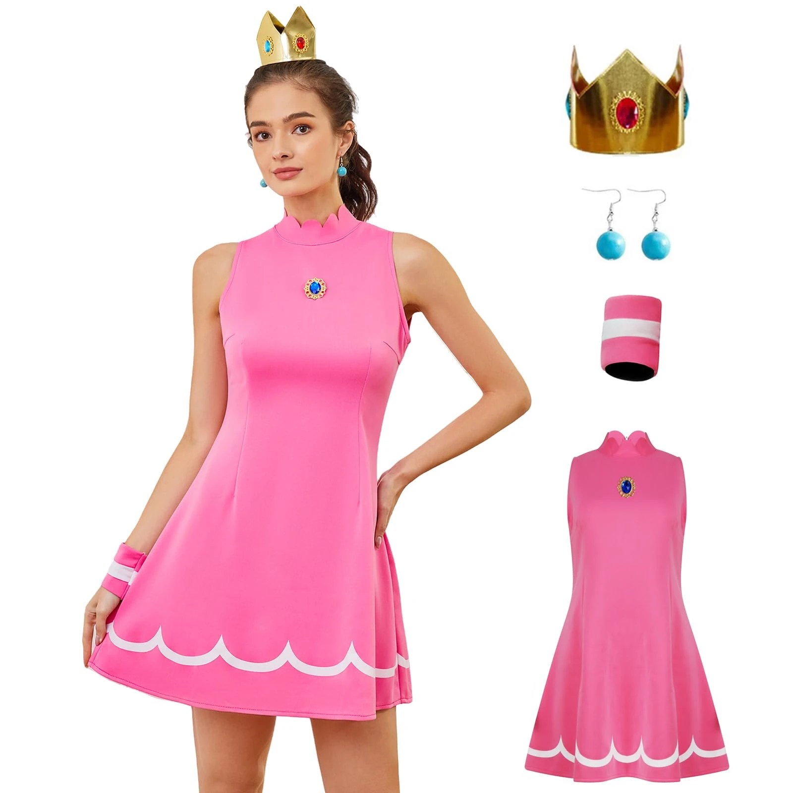 AYYOHON Princess Cosplay Costume Women Princess Tennis Dress with Crown Earrings Adult Halloween Suit L