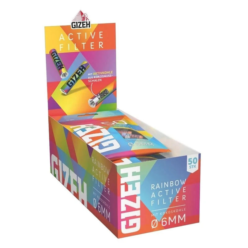 Gizeh Rainbow Active Filter - Activated Carbon Filter 6 mm Diameter - Activated Carbon Filter Slim with Activated Carbon from Coconut Shell - Filter with 27 mm Length - 10 Bags of 50 Filters