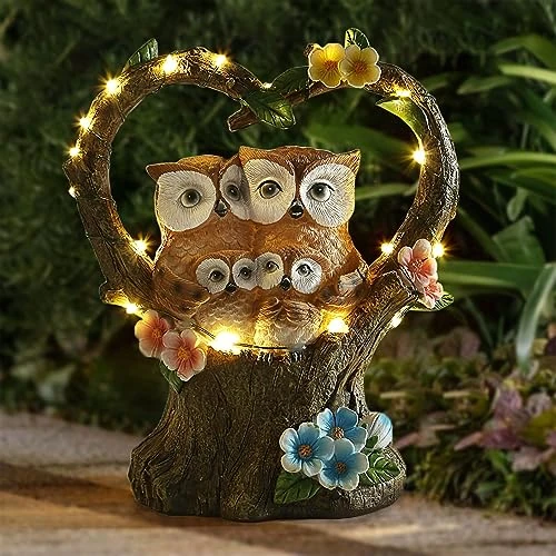 HIAME Resin Solar Garden Decoration Figures, Rust Garden Decoration, Love Heart Bird Sculpture Ornaments for Outdoors, Owl Statues with IP65 Water Resistance
