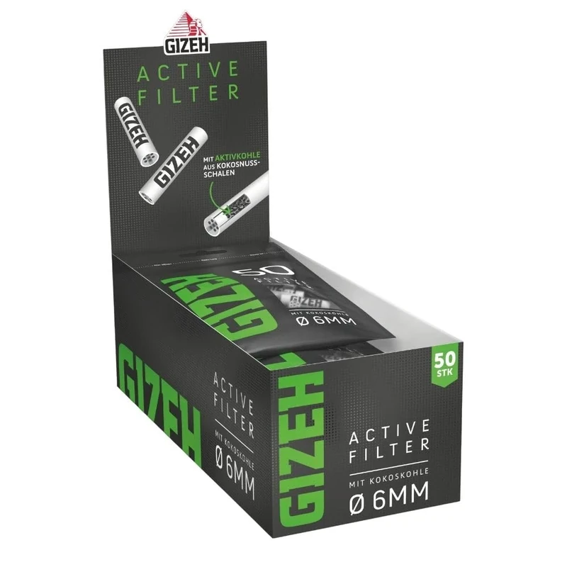 GIZEH Black Active Filter - Activated Carbon Filter Slim 6 mm Diameter - Activated Carbon Filter Slim with Activated Carbon Made from Coconut Shell - Filter with 27 mm Length - 10 Bags of 50 Filters