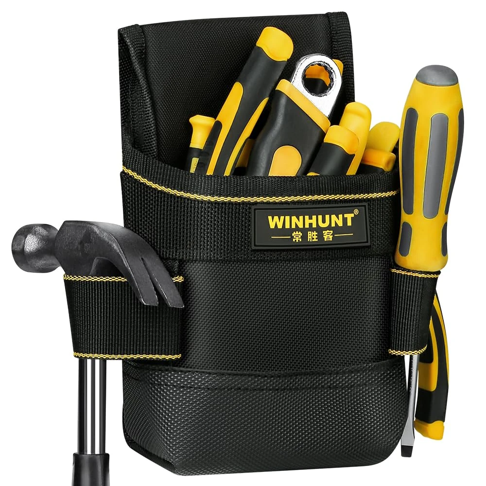 WINHUNT Small Electricians Pouch, Small Pocket Tool Bag with Adjustable Nylon Belt, Waist Work Pouch for Electricians Technician Black 8 Pockets