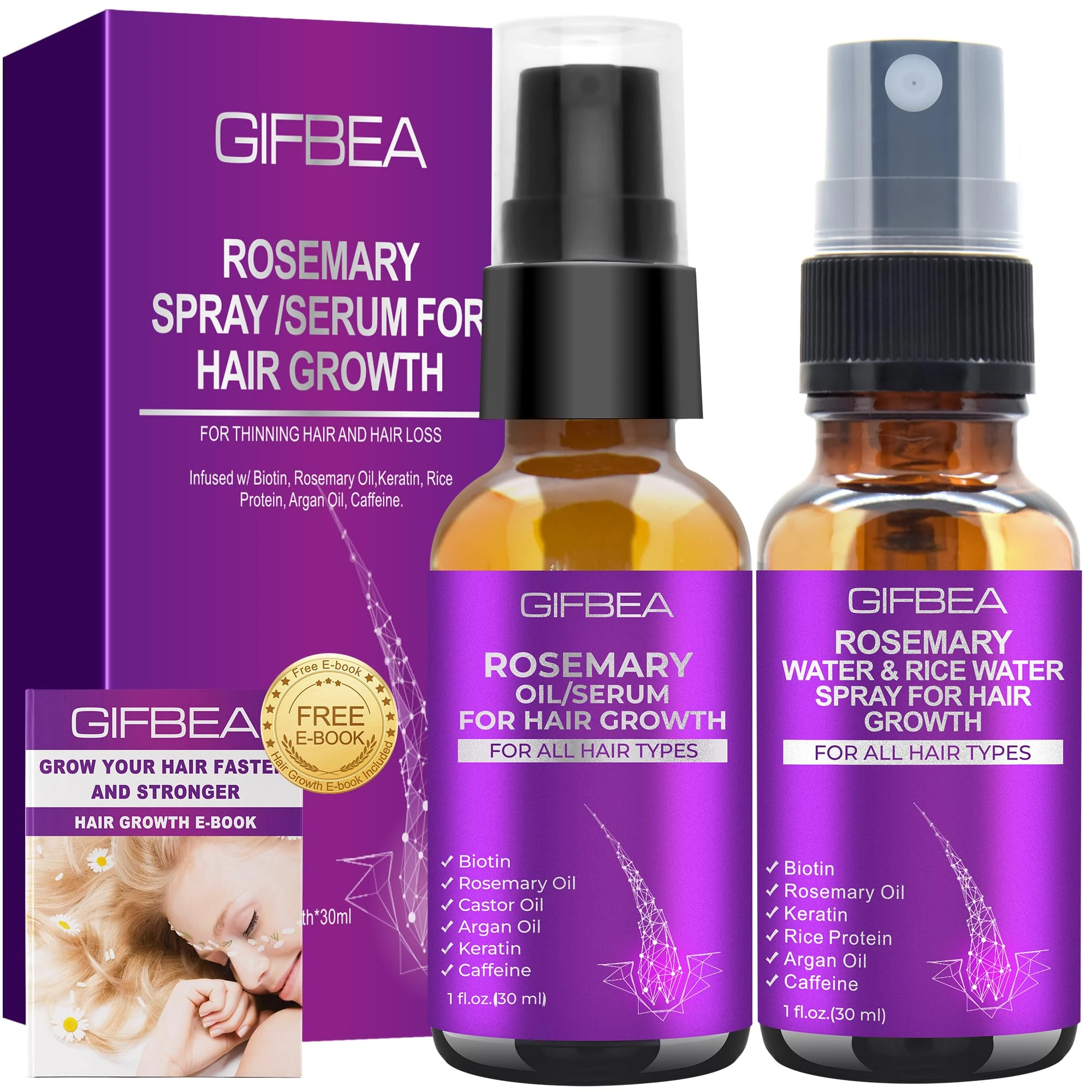 GIFBEA Rosemary Oil Serum for Hair Growth W/Rosemary Water & Rice Water Spray Hair Growth,Biotin Castor Oil Argan Oil Caffeine Keratin Reduce Hair Loss,Hair Thickening Products Treatment for Women Men