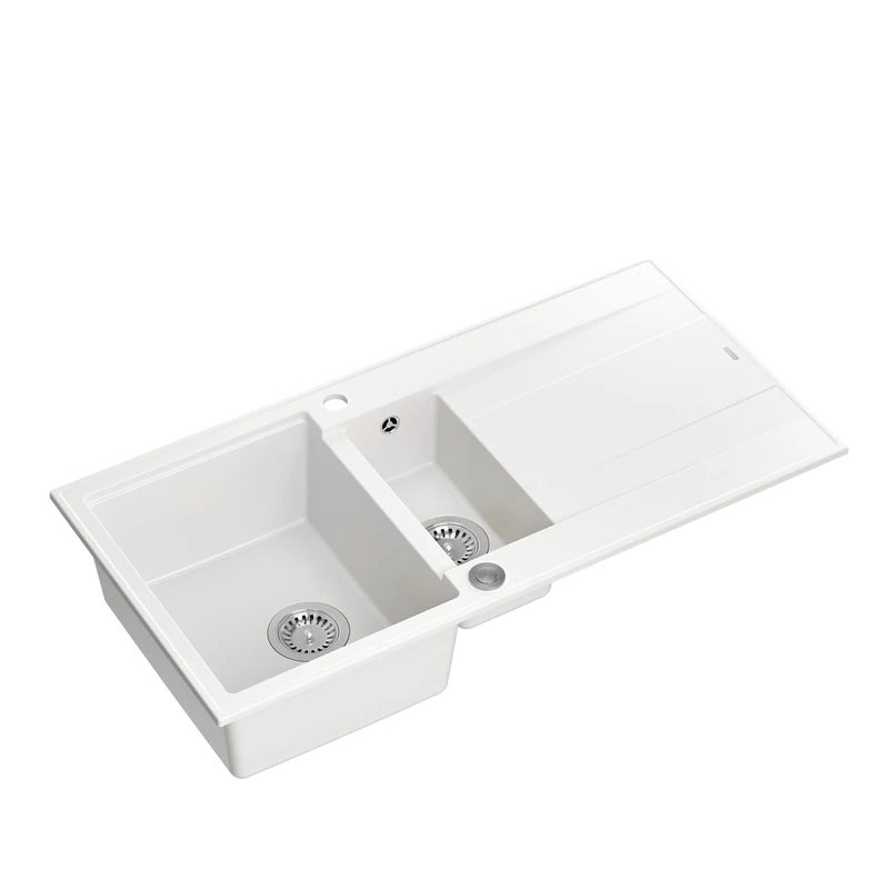 QUADRON Evan 156 Granite Sink, Size 50 x 100 x 21/16 cm, Colour: White & Steel, Double Bowl Kitchen Sink with Draining Board with Tap Hole