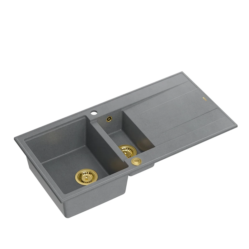 Quadron Evan 156 Granite Double Bowl Kitchen Sink - Grey & Gold