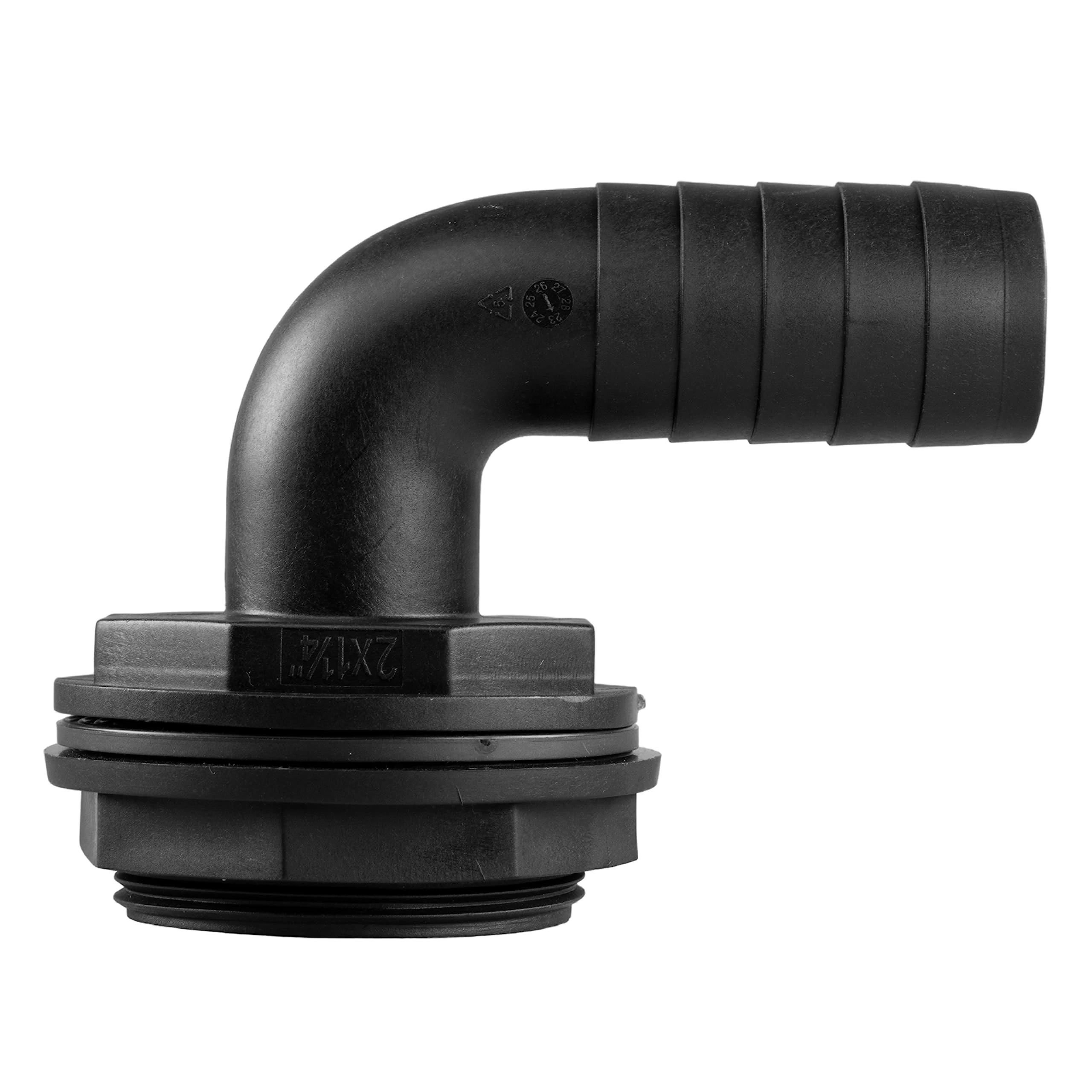 90 Degree Water Tank Overflow Vent, Water Butt Barbed Elbow Outlet with Nut & Washer 1/2" – 2” BSP Hose Sizes, Garden Rain Capture Tank Linking Connector, Threads fit 59mm Hole (2" BSP - 1.25" Barb)