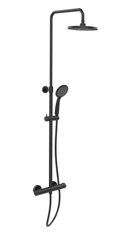 WENKO Young Eco Shower System with Thermostatic Fitting and 2 Watersaving Regulators, Rain Shower Head Diameter 20 cm and Hand Shower Diameter 11 cm with 5 Functions, Design Plastic Shower Hose, Black