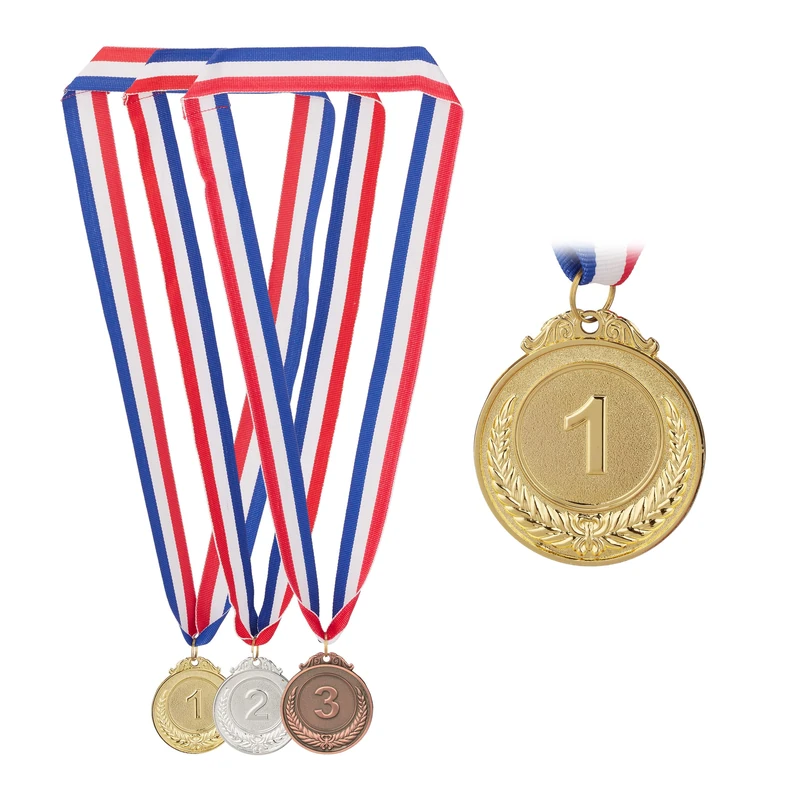 Relaxdays Medals for Children, Set of 3, Ø 5cm, Ribbon, Prize, First, Second, Third, Olympic, Win, Gold, Silver, Bronze, 5 cm