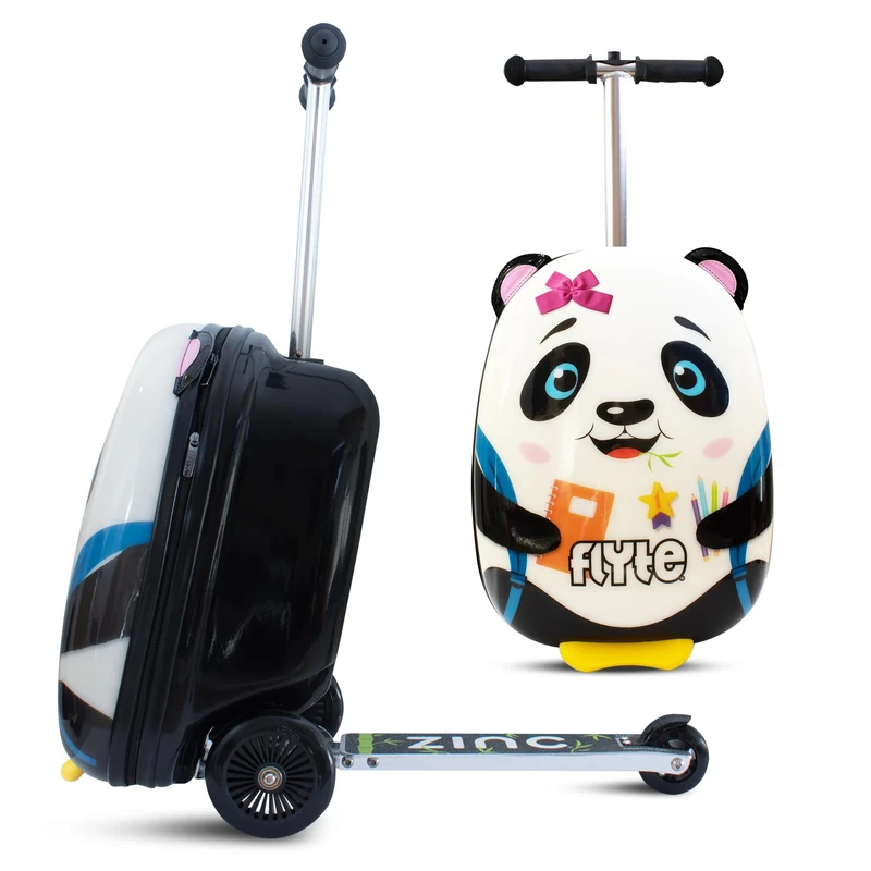 Flyte Scooter Suitcase Penni The Panda - 2-in-1, 18 Inch Ride on Children's Luggage, 25 Litre Capacity Kids Suitcases on Wheels for Boys and Girls Aged 4+, Foldable Waterproof Kids Suitcase