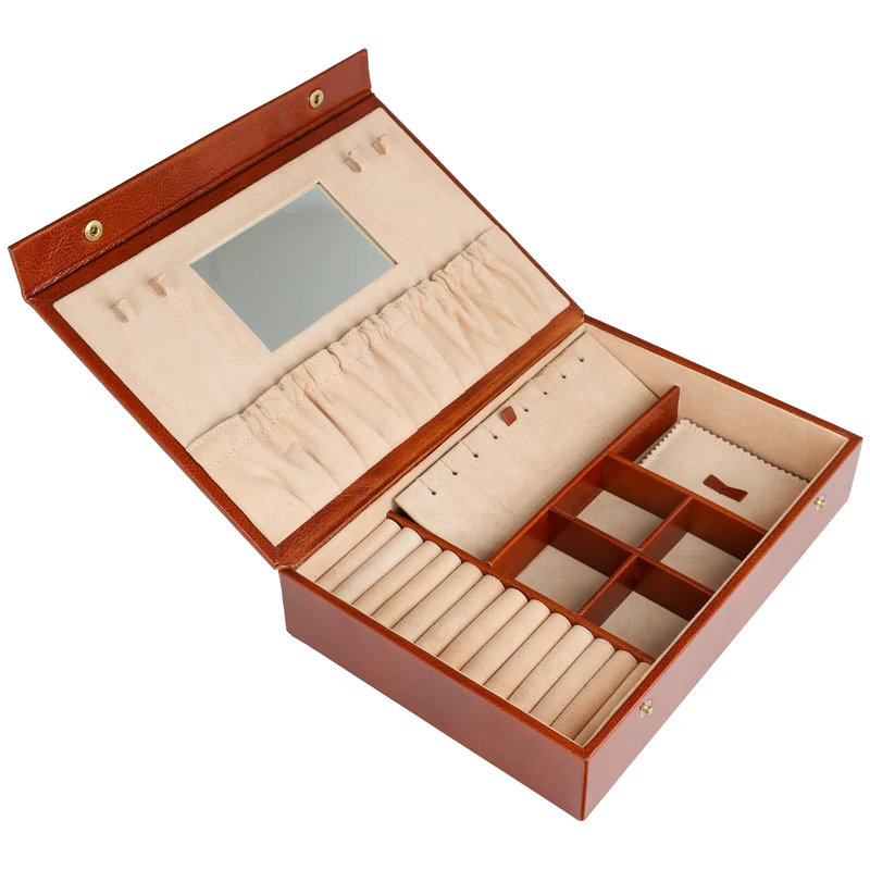 Time Resistance Leather Jewelry Box - Cognac Brown Full Grain Leather Jewellery Organizer - Accessories Storage Box for Women - Jewelry Case - Image 1