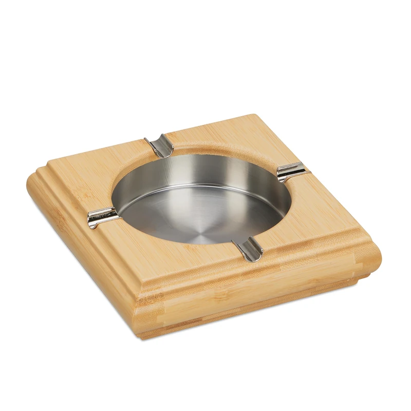 Relaxdays Bamboo Ashtray, Stainless Steel, Square, 4X Cigarette Holder, Outdoors, Indoors, WXD: 4 x 15cm, Silver/Natural, 4 x 15 cm