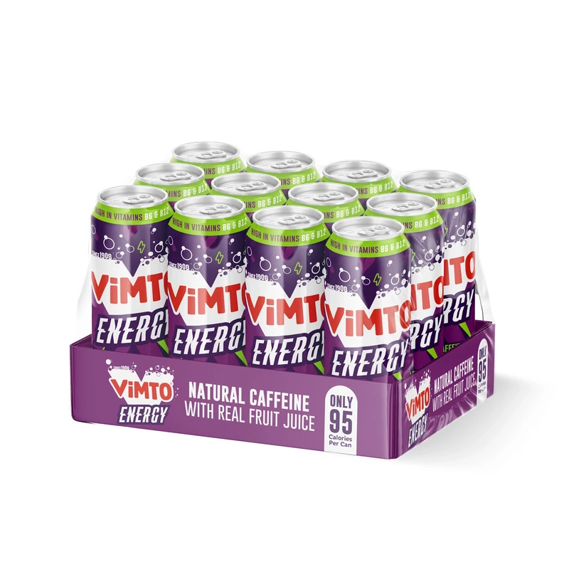Vimto Energy Drink – Original Flavour – Natural Caffeine & B Vitamins – 12 x 500ml Cans – HFSS Compliant - Fruity Energy Boost, Sparkling Juice Drink