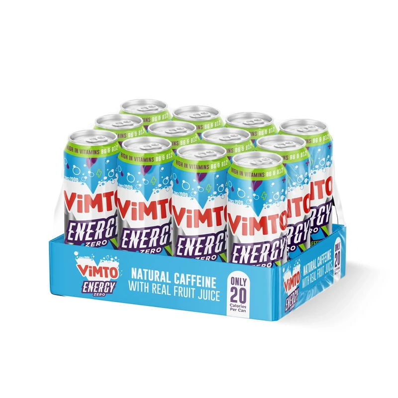 Vimto Original Energy Drink 500ml Cans (12 Pack) – No Added Sugar, Real Fruit Juice, Natural Caffeine & B Vitamins – Fruity Prime Energy Boost, Sparkling Juice Drink