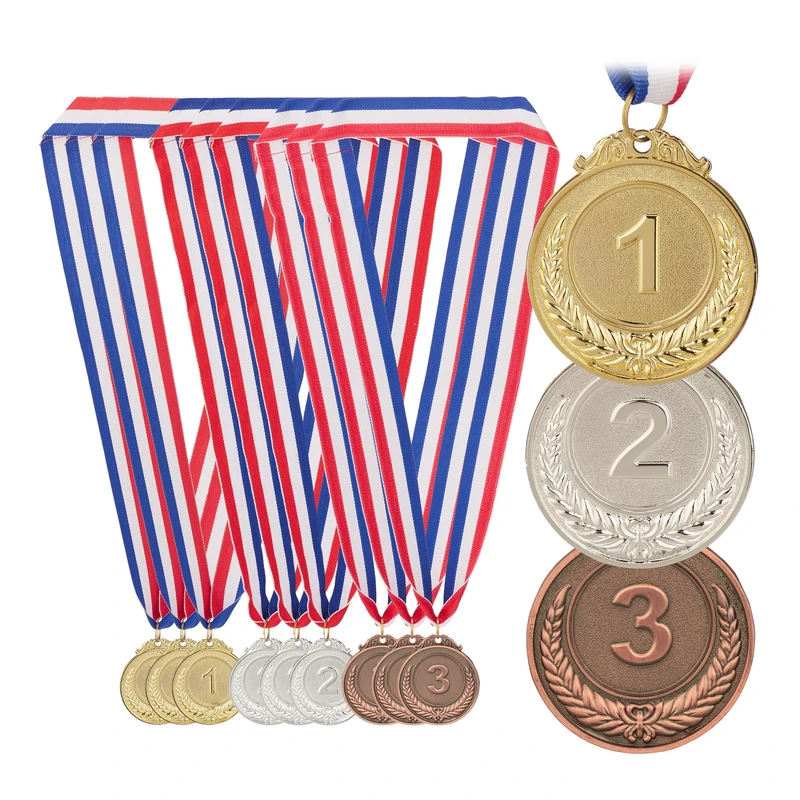 Relaxdays Medals for Children, Set of 12, Ø5cm, Ribbon, Prize, First, Second, Third, Olympic, Win, Gold, Silver, Bronze, Metal, 5 cm