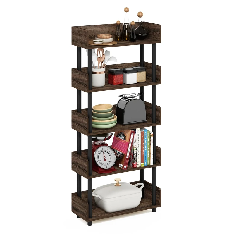 Furinno TURN-N-TUBE 4-Tier Display Shelf, Storage Shelves, Book Shelf, Open Shelves with Rounded Corner Top Edges, for Organization and Storage, Living Room, Home Office, Walnut