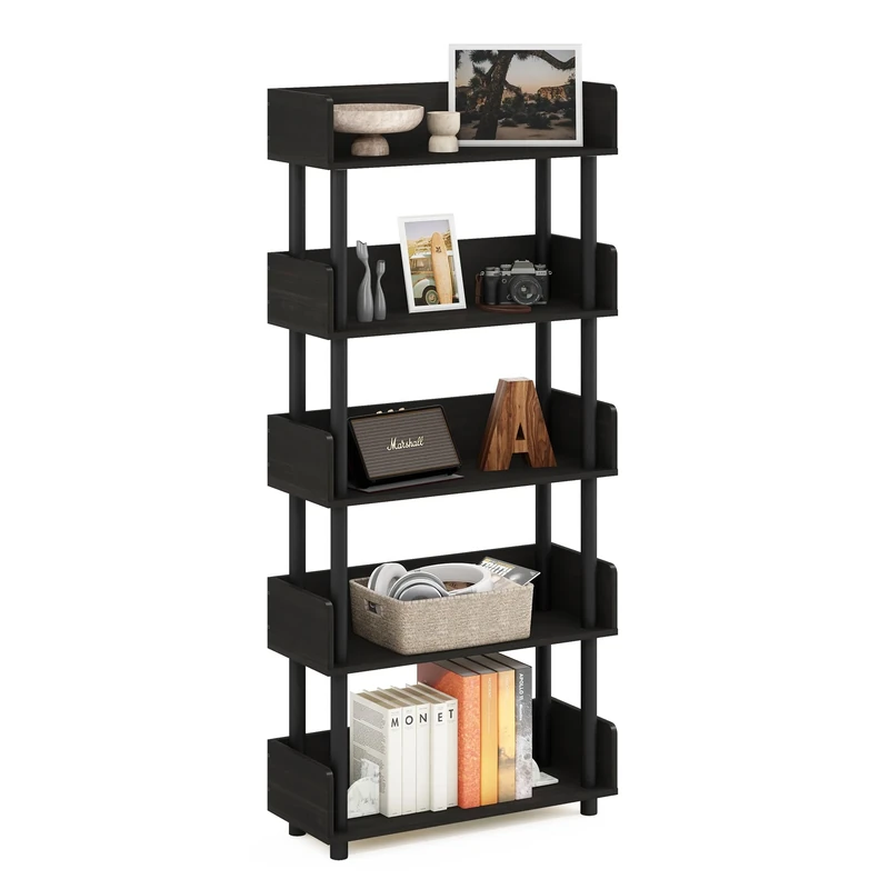 Furinno TURN-N-TUBE 5-Tier Display Shelf, Storage Shelves, Book Shelf, Open Shelves with Rounded Corner Top Edges, for Organization and Storage, Living Room, Home Office, Espresso