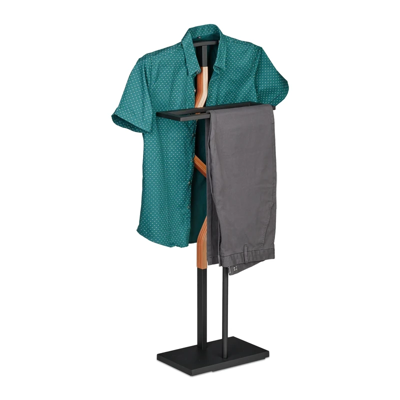 Relaxdays Valet Stand, Suit Holder, Clother Butler, Jacket & Trouser Hanger, 107x47.5x20 cm, Metal & MDF, Black/Natural, Steel, 107 x 47.5 x 20 cm