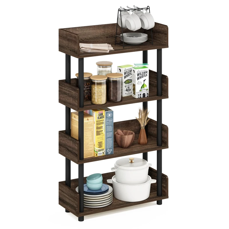 Furinno TURN-N-TUBE 4-Tier Display Shelf, Storage Shelves, Book Shelf, Open Shelves with Rounded Corner Top Edges, for Organization and Storage, Living Room, Home Office, Walnut