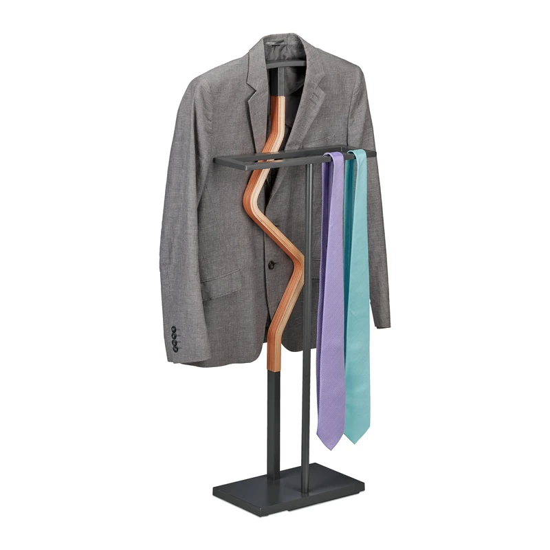 Relaxdays Valet Stand, Suit Holder, Clother Butler, Jacket & Trouser Hanger, 107x47.5x20 cm, Metal & MDF, Grey/Natural, Steel, 107 x 47.5 x 20 cm