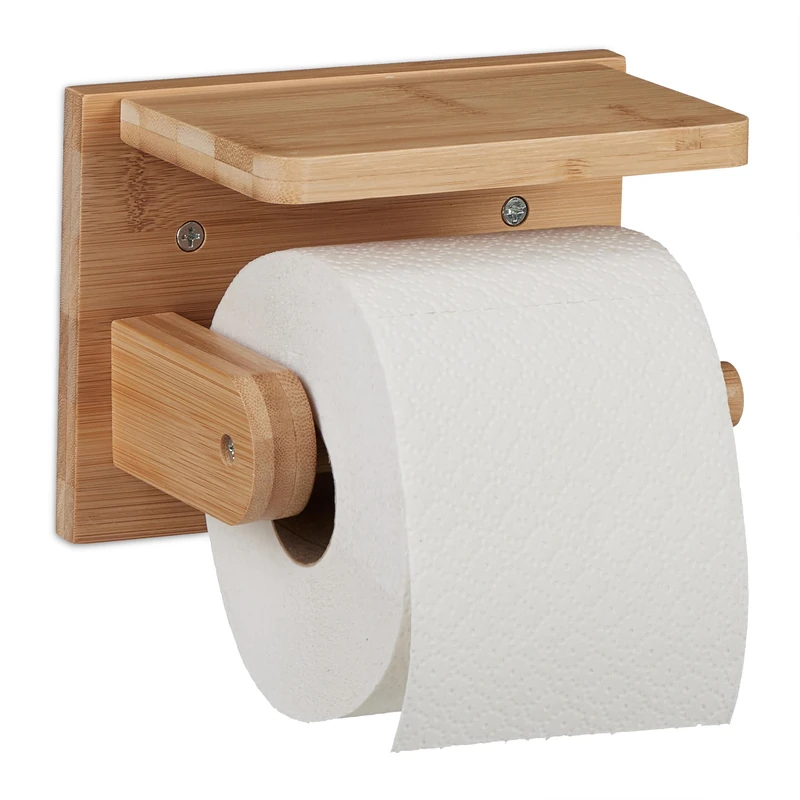 Relaxdays Toilet Paper Holder with Tray, for Mobile Phone & Wet Wipes, Bamboo, WC Small Shelf, HWD: 12x16x10 cm, Natural