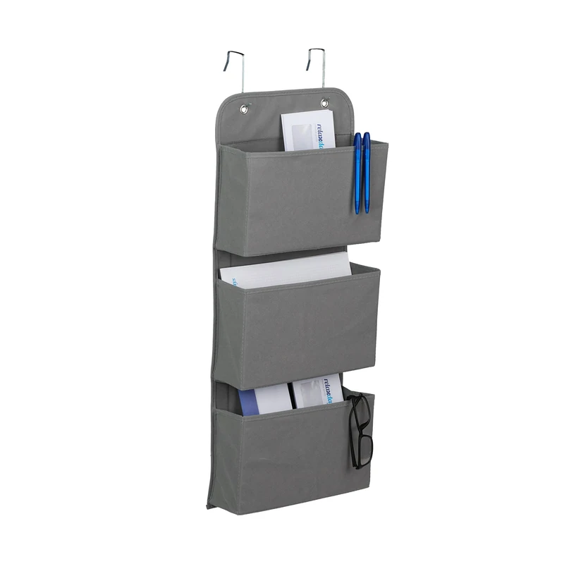 Relaxdays Organiser, 3 Compartments, Door & Wall, with Hooks to Hang, Bathroom, Hallway, 75 x 31 x 10 cm, Grey, Fleece