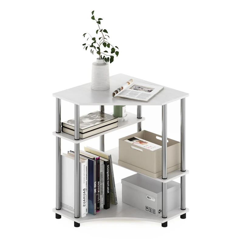 Furinno Turn-N-Tube Space Saving Corner Desk with Shelves, White Oak, Stainless Steel Tubes, 79 (W) x 72.4 (H) x 57.2 (D) cm