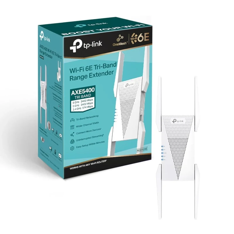TP-Link RE815XE AXE5400Mbps Tri-Band Mesh WiFi 6E Internet Booster, Range Extender Booster Hotspot with 1 Gigabit Port, 160 MHz Channels, Built-In Access Point Mode, Smart Roaming One-Mesh, Easy Setup