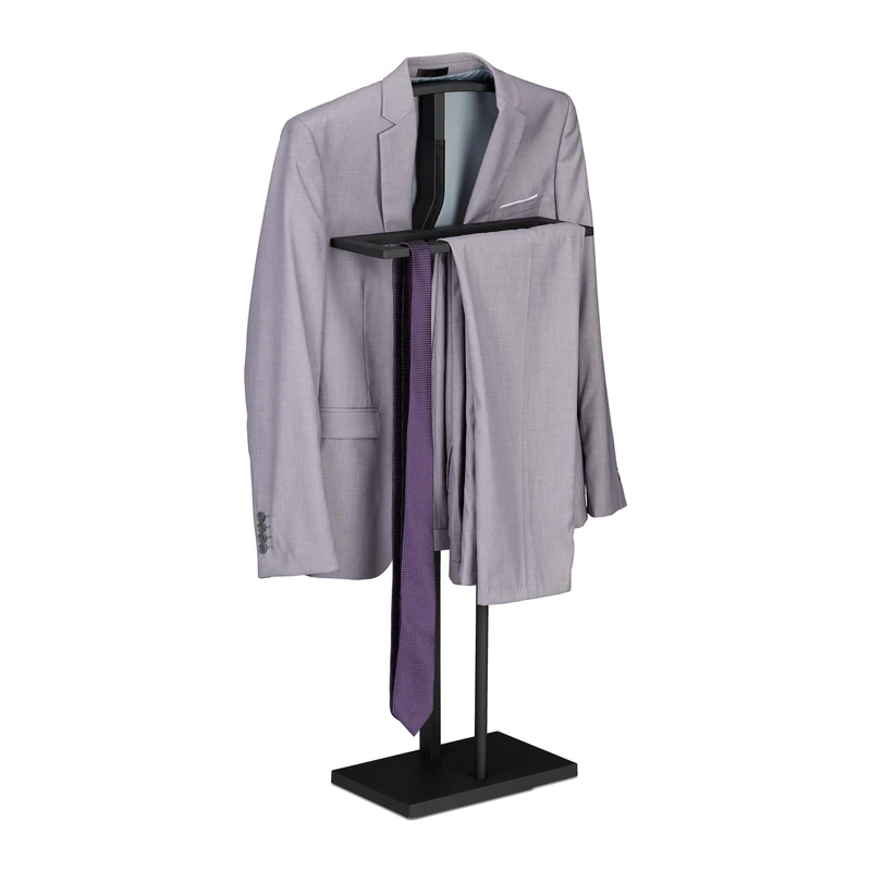 Relaxdays Valet Stand, Suit Holder, Clother Butler, Jacket & Trouser Hanger, 107 x 47.5 x 20 cm, Metal & MDF, Black, 60% steel 40% fibreboard