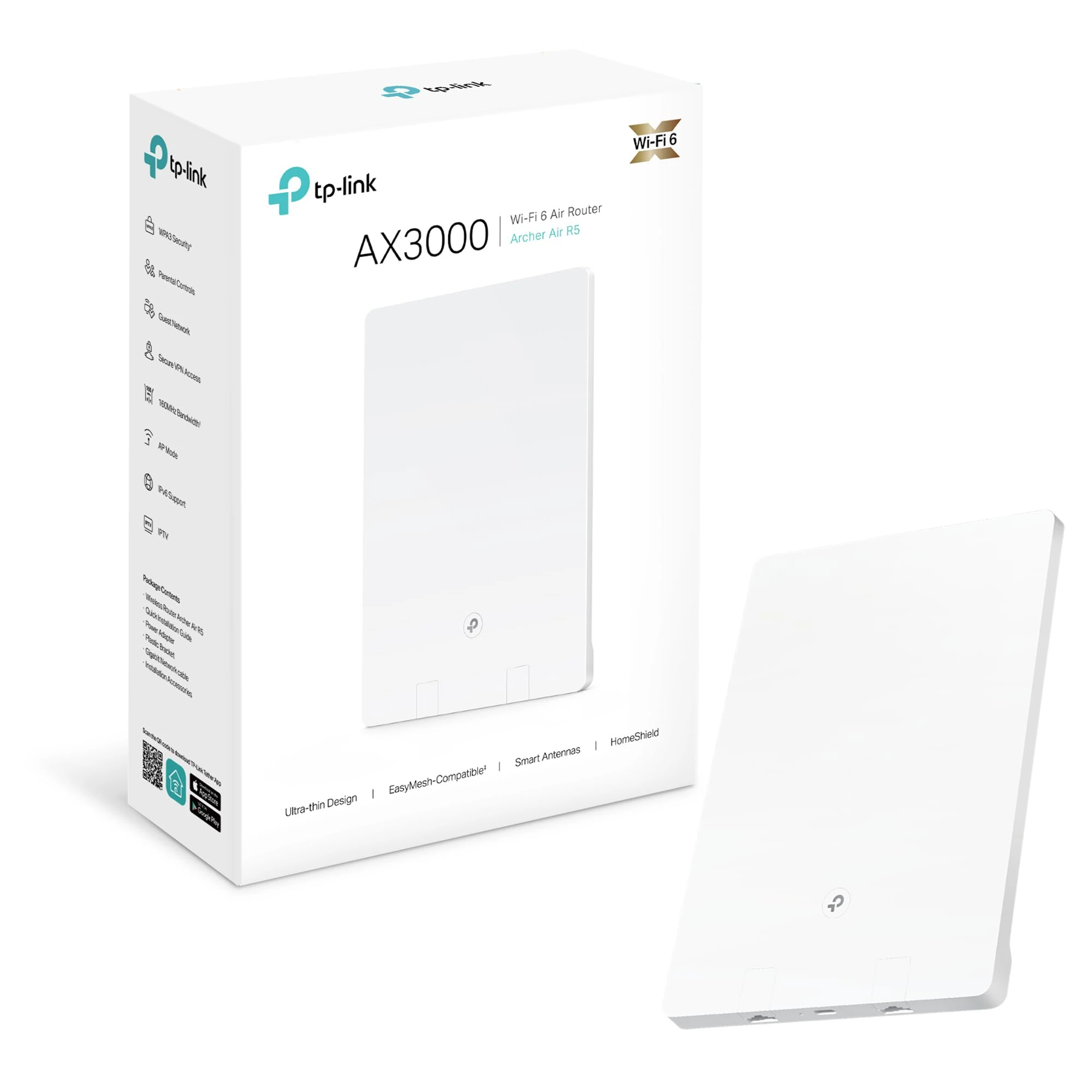 TP-Link Wi-Fi 6 AX3000 Dual-Band Wi-Fi 6 Air Router, Gigabit Port, Ultra-Thin Design, OneMesh™ Supported, Ideal for Gaming Xbox/PS4/Steam, TP-Link HomeShield, Flexible Installation (Archer Air R5)