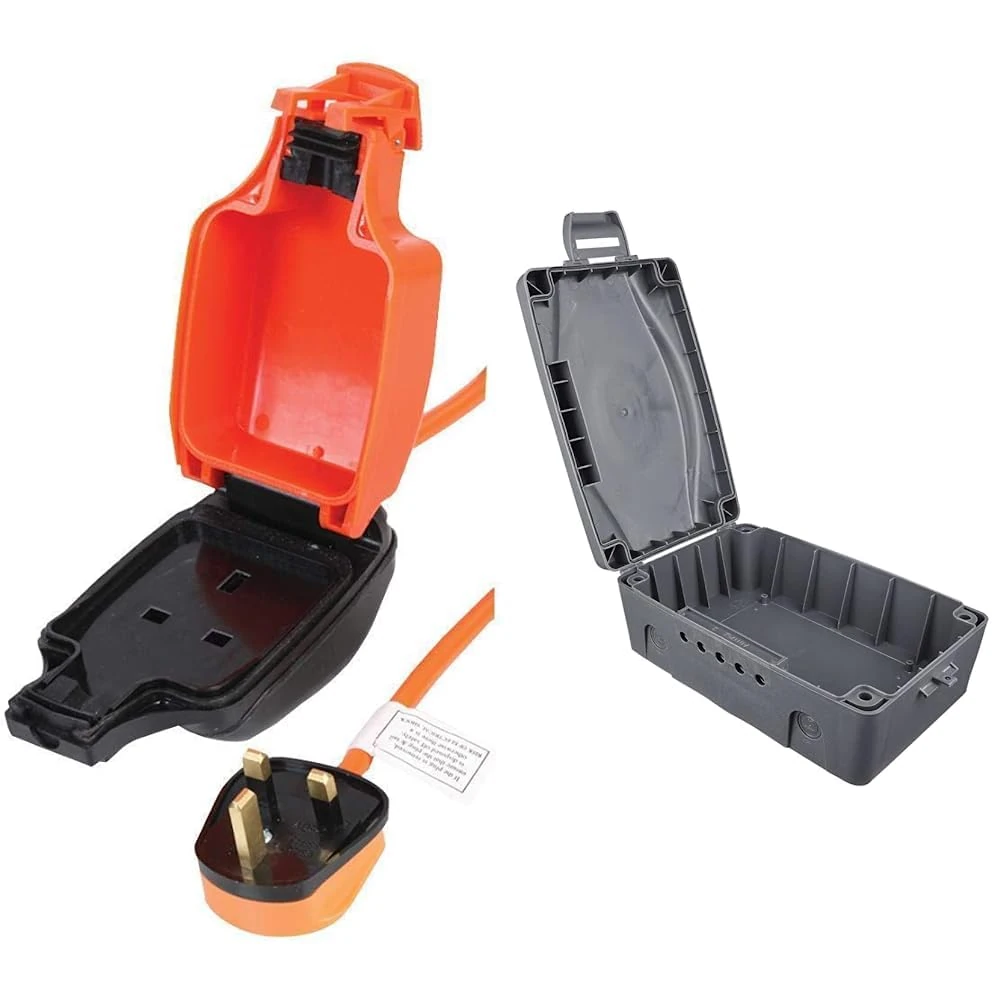 Pro Elec PEL01009 Mains Extension Lead with Outdoor 1-Gang Socket, IP54, Orange, 10m & Masterplug WBX-MS Weatherproof Electric Box for Outdoors, 345 x 220 x 126.5 mm, Grey