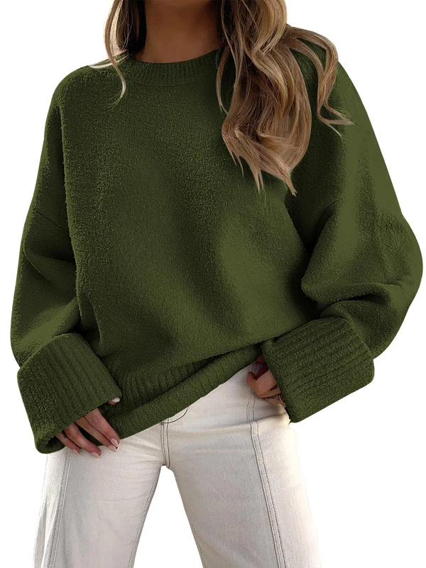 LILLUSORY Women's Oversized Sweaters Fuzzy Chunky Warm Pullover Sweater, Army Green, M