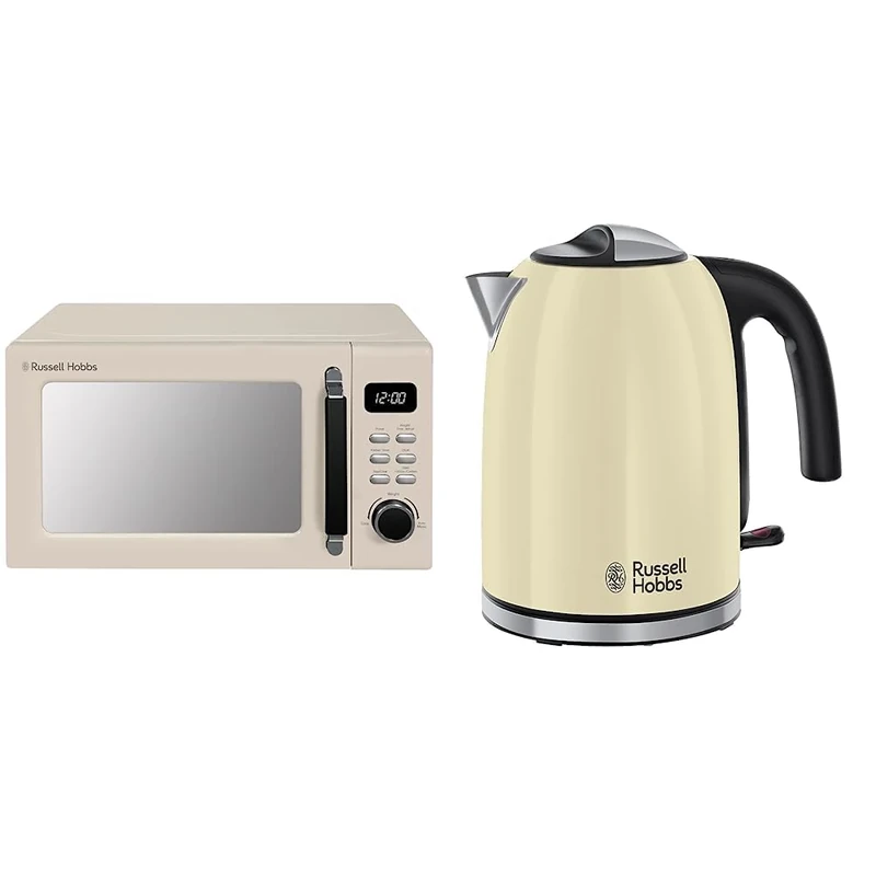 Russell Hobbs RHM2026C STYLEVIA 20 Litre 800 W Cream Digital Microwave, 5 Power Levels, Mirror Finish, 8 Auto Cook Settings & 20415 Stainless Steel Electric Kettle, 1.7 Litre, Cream